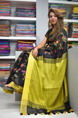 Pure Cotton Linen Saree with Yellow and Black Floral Print, Tasselled Pallu